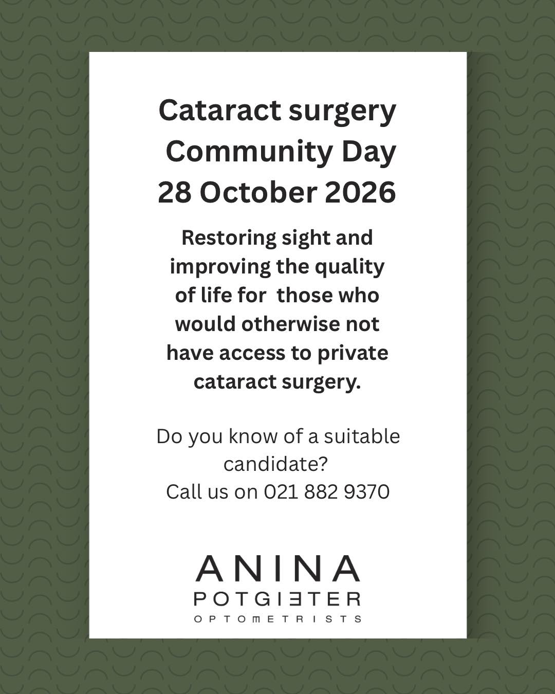 Do you know of someone who has cataracts, but can’t afford private surgery? Help us find the right candidates for this very special initiative of local ophthalmologist, Dr. Steve Steyn and Mediclinic Stellenbosch.