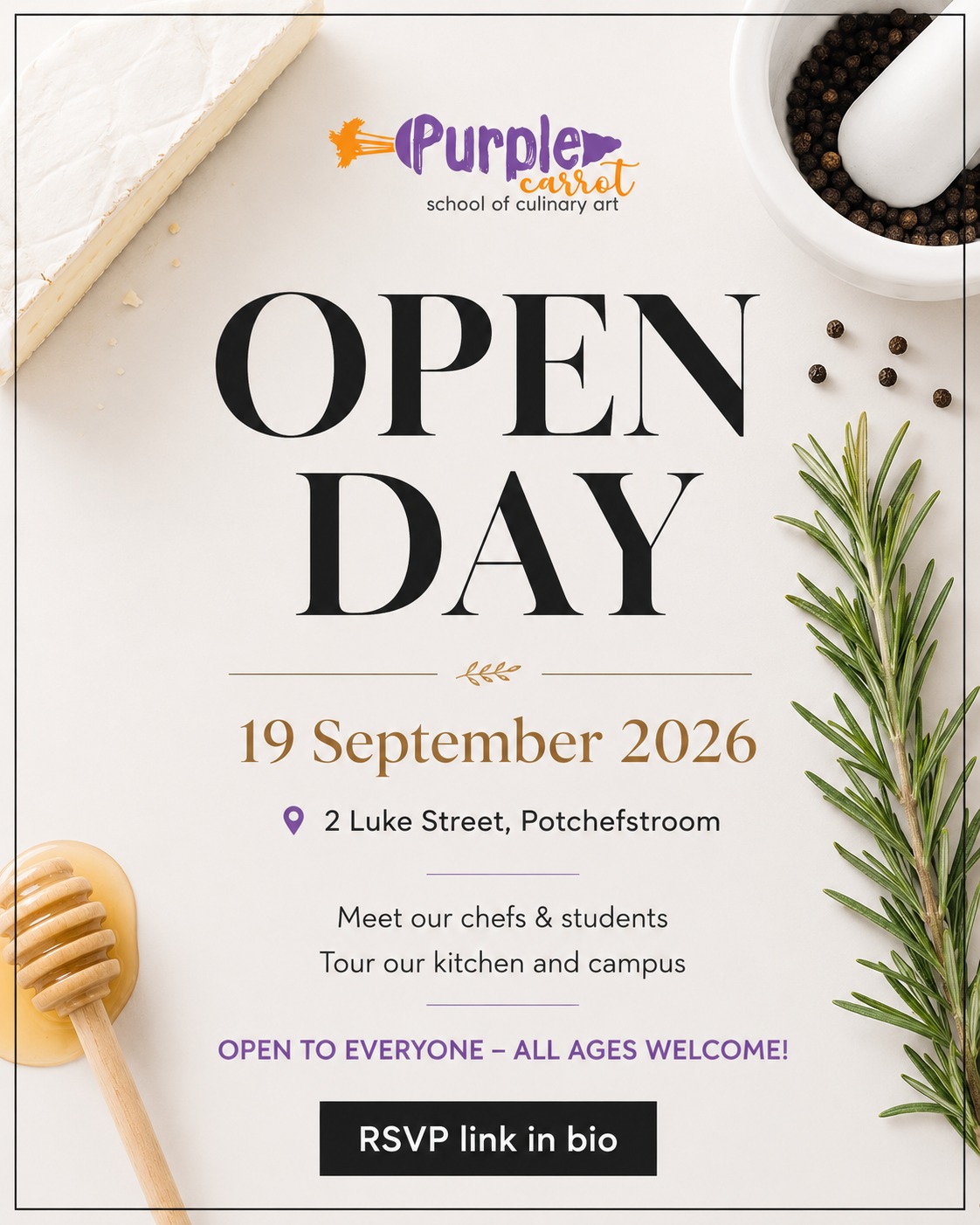 👨🍳 Curious about studying at Purple Carrot? Come and see what we’re all about!
Join us for our Open Day on 19 September 2026 and get a feel for life at Purple Carrot School of Culinary Art.
Meet our chefs and students, explore our kitchen and campus, and find out more about studying with us.
📍 2 Luke Street, Potchefstroom
Open to everyone – all ages welcome!
👉 Follow the Google Form link👇(or in our bio) to RSVP your spot.
https://forms.gle/SwYHaeztAEKA8ybCA