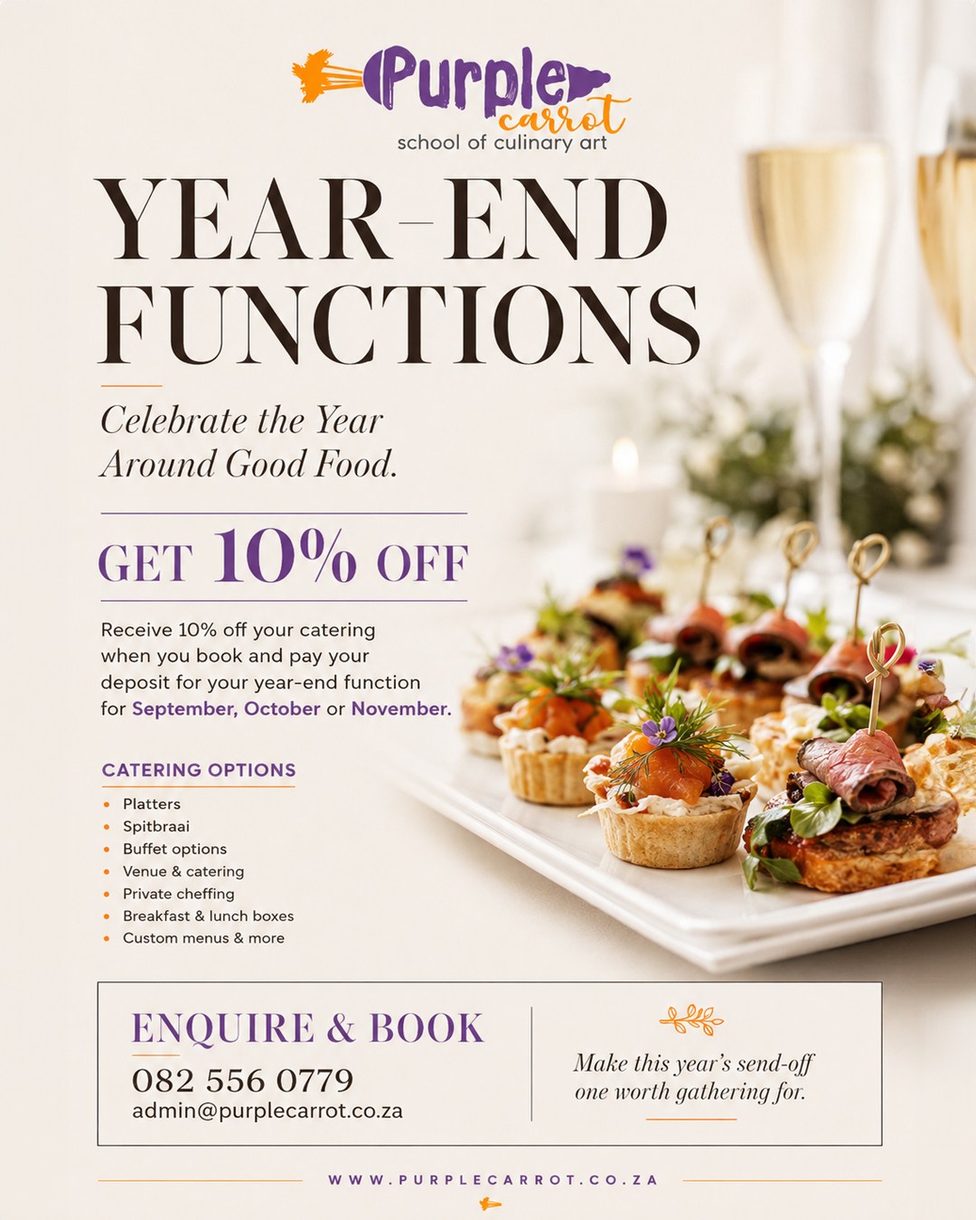 🥂 Planning your office party, team celebration or year-end get-together? Keep it local and let Purple Carrot take care of the food.
From platters and spitbraais to buffets, private cheffing and custom menus, we’ll help you put together something that suits your celebration.
Plus, get 10% off your catering when you book and pay your deposit for a function in September, October or November.
Support local. Celebrate together. Eat well. 💜
📞 082 556 0779
📧 admin@purplecarrot.co.za