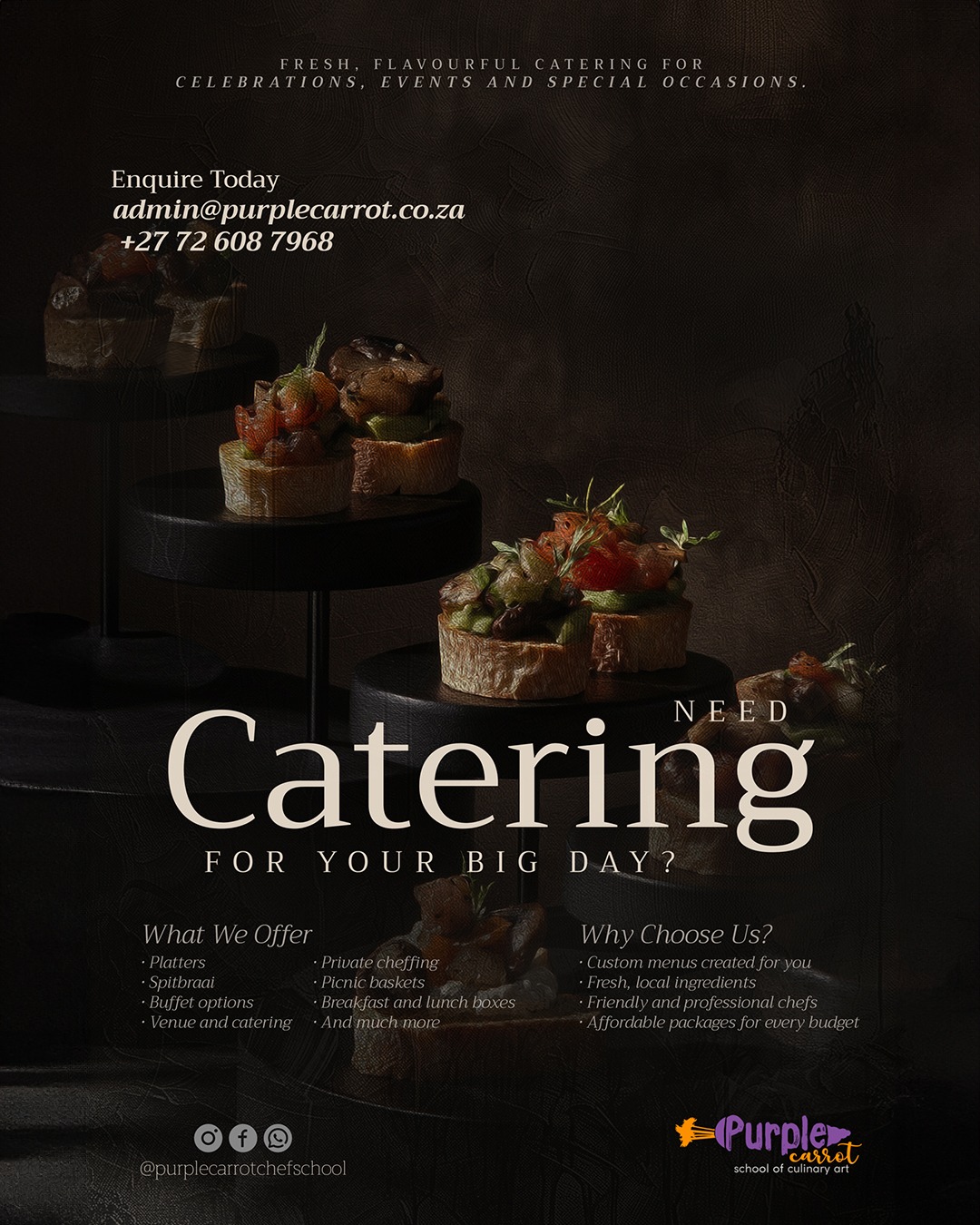 🥂 Planning your office party, team celebration or year-end get-together? Keep it local and let Purple Carrot take care of the food.
From platters and spitbraais to buffets, private cheffing and custom menus, we’ll help you put together something that suits your celebration.
Plus, get 10% off your catering when you book and pay your deposit for a function in September, October or November.
Support local. Celebrate together. Eat well. 💜
📞 082 556 0779
📧 admin@purplecarrot.co.za