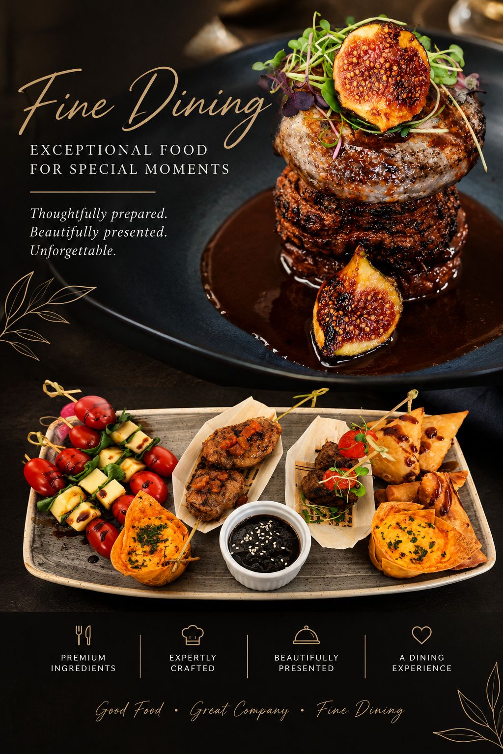 TURN AN ORDINARY MEAL INTO AN EXPERIENCE.
Indulge in fine dining crafted to impress — exquisite flavours, premium ingredients and beautiful presentation, created for those special moments that deserve something extraordinary.
Whether it’s a celebration, corporate function, intimate dinner or special event, let us create a dining experience your guests will remember.
You dream it. We create it. You savour it.