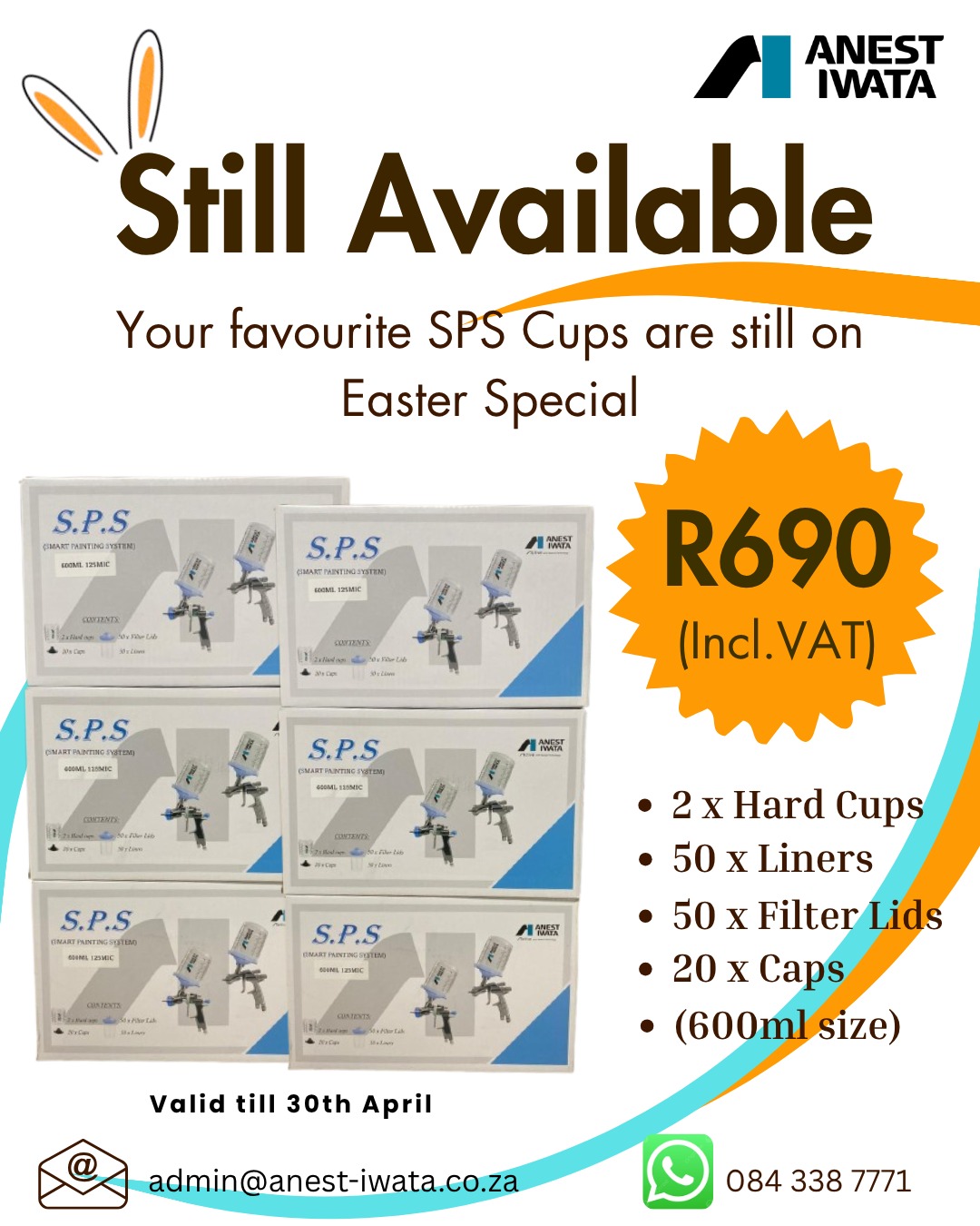 Our SPS Cups are still available on Easter Special — and they are going fast! 🔥
Get yours today for ONLY R690 (incl. VAT)
✔ Perfect value
✔ Reliable quality
✔ Limited stock
⏳ Offer ends 30 April
📦 Do not wait until it is too late
📲 Contact us now to place your order!
WhatsApp: 084 338 7771 (Ahmed)
Email: admin@anest-iwata.co.za
.
.
#EasterSale #LimitedStock #SpecialOffer #SPSCups #AnestIwata
