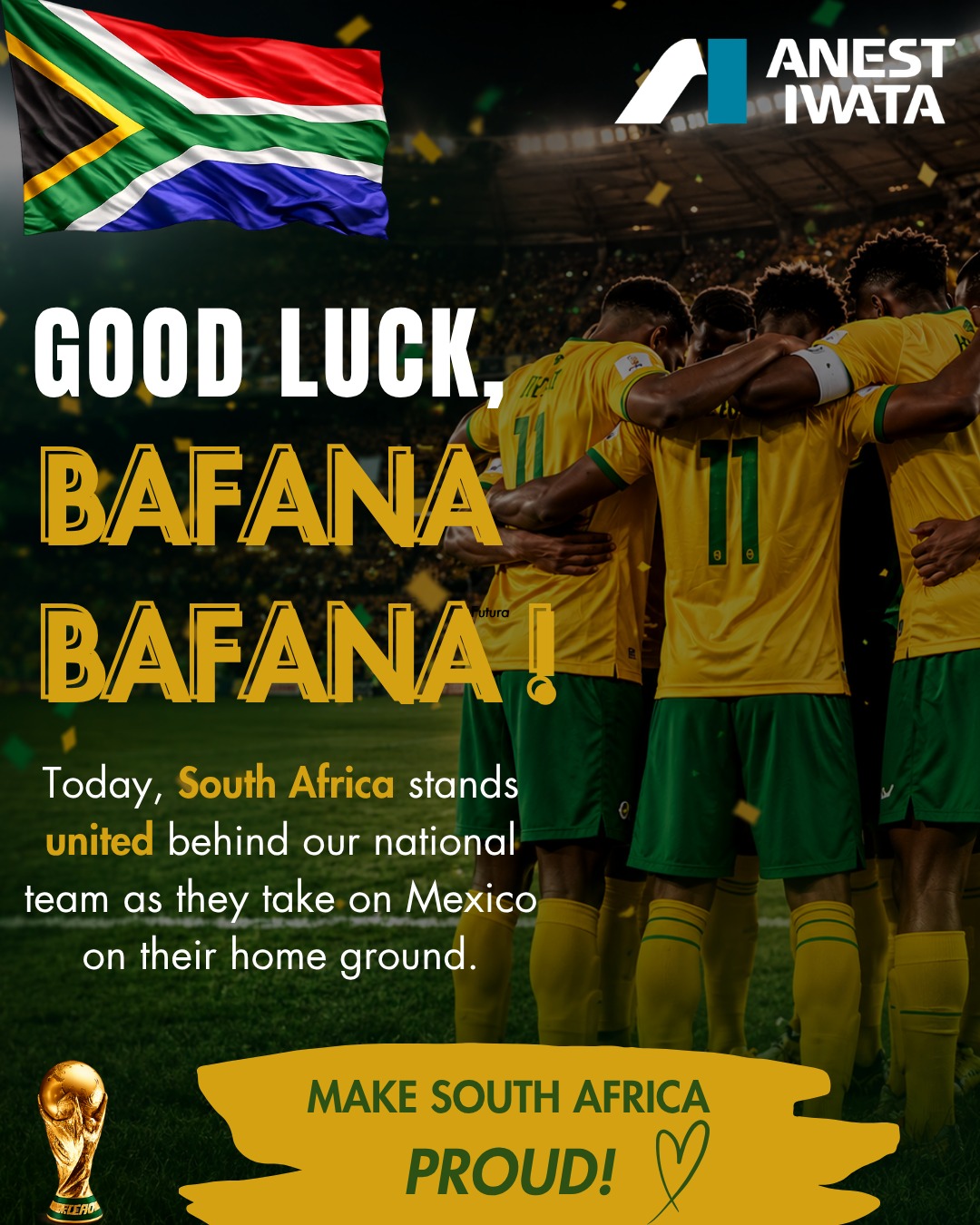 One Nation. One Team. One Dream. 🇿🇦
Today, we stand behind Bafana Bafana as they take on Mexico in their World Cup opening first match.From all of us at Anest Iwata South Africa, we wish our boys in green and gold the very best.
💚💛 Go Bafana Bafana! 💚💛
.
.
#BafanaBafana #WorldCup2026 #SouthAfrica #AnestIwataSA