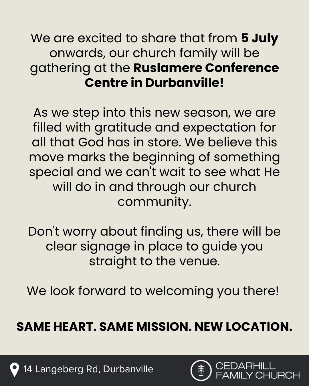 📍NEW VENUE ANNOUNCEMENT 📍
As of 5 July we will no longer be meeting at Curro Durbanville High School, we have moved to Ruslamere Conference Centre🙏🏼🙌🏼