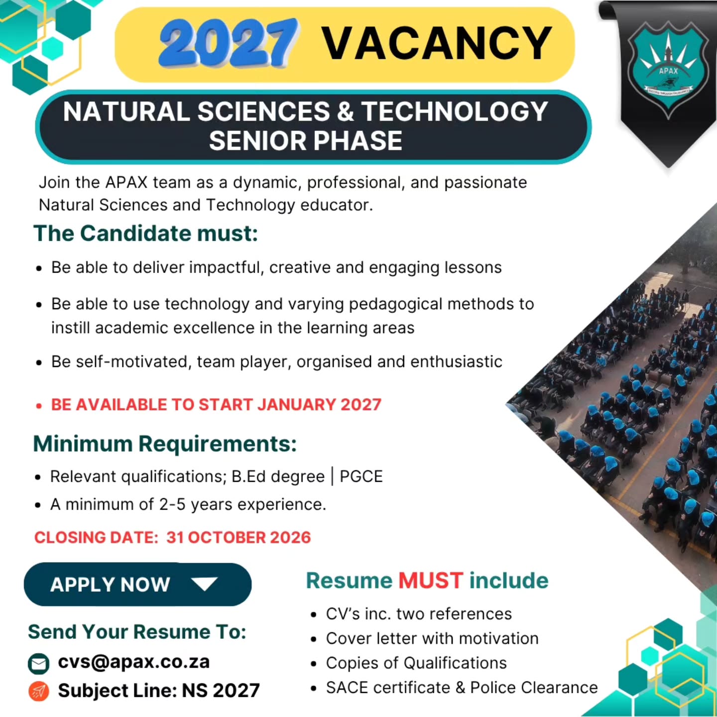 🚀 YOUR NEXT CHAPTER STARTS AT APAX!
Science meets curiosity, creativity and innovation! 🧪🔍 If you're passionate about making learning engaging and bringing concepts to life, this opportunity is for you.
📅 Closing date: 31 October 2026
📧 cvs@apax.co.za
📝 Subject: NS 2027
#APAX #Vacancies2027 #NaturalSciences #TeachingJobs